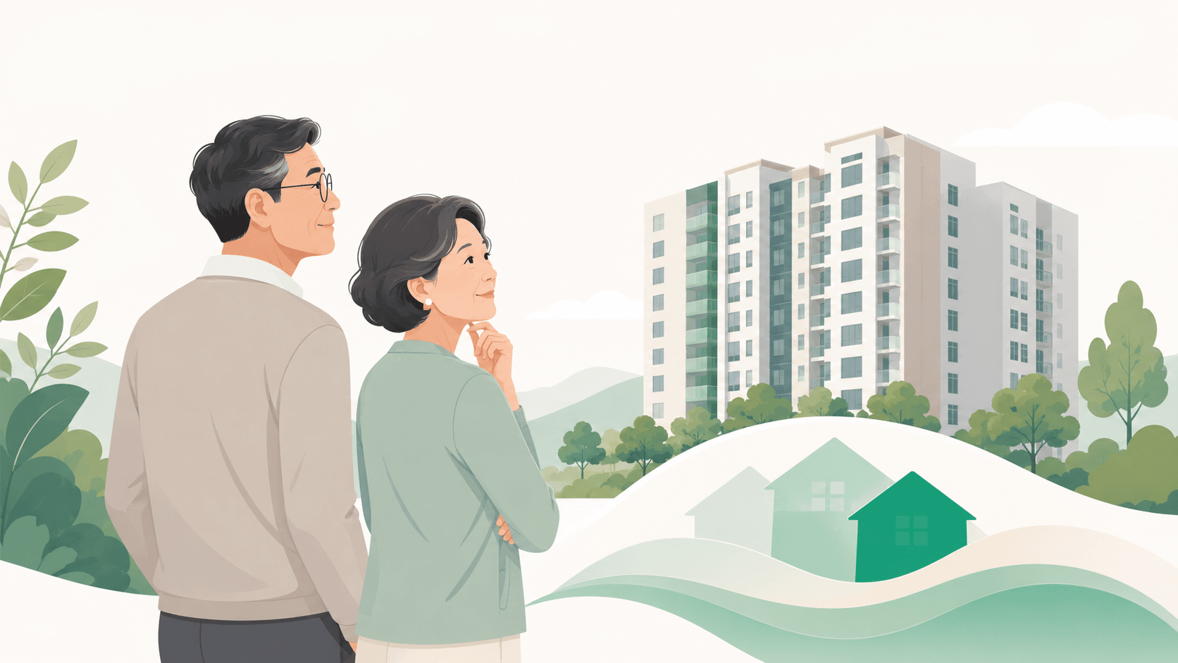 아파트 공시가격 상승이 퇴직자의 건강보험료와 피부양자 자격에 미치는 영향을 살펴보는 모습을 표현한 일러스트