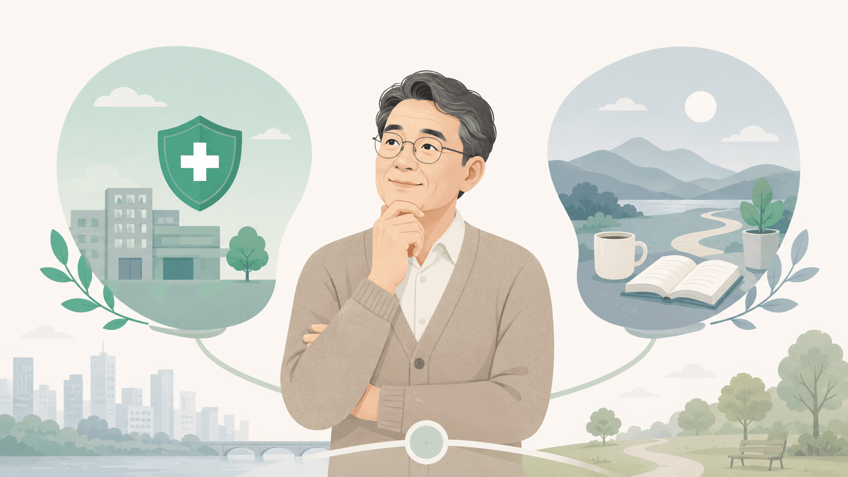 퇴직 후 임의계속가입 신청 여부를 신중히 검토하는 50대의 모습을 표현한 일러스트