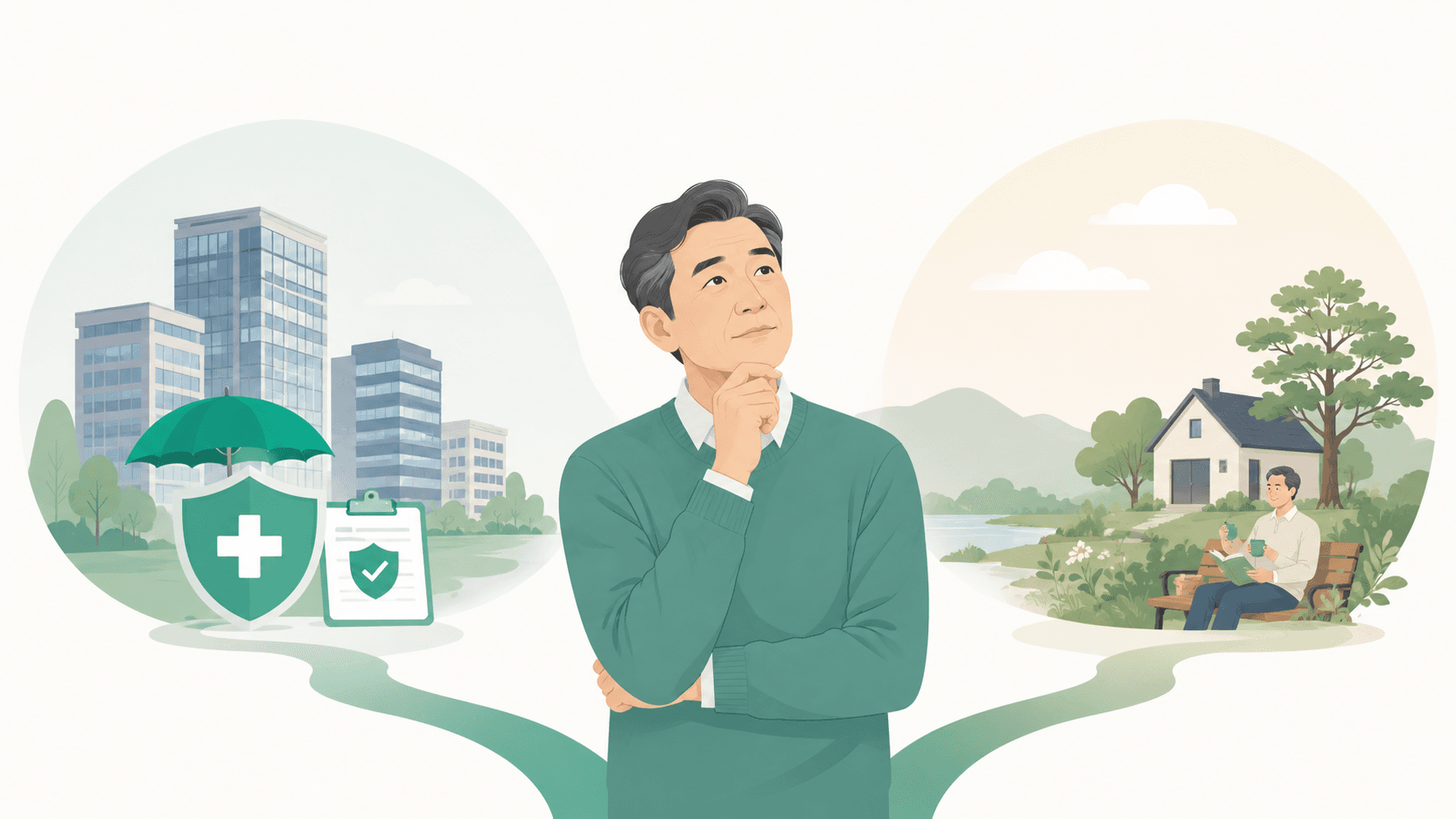금융소득의 두 가지 기준을 비교하며 퇴직 후 건강보험료와 피부양자 자격을 살펴보는 모습을 표현한 일러스트